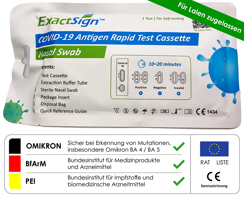 ExactSign ™ (AT1331/21 -->/Sienna) COVID-19 Antigen-Schnelltestkassette (vorderer Nasenabstrich) für Laien, 1er Packung