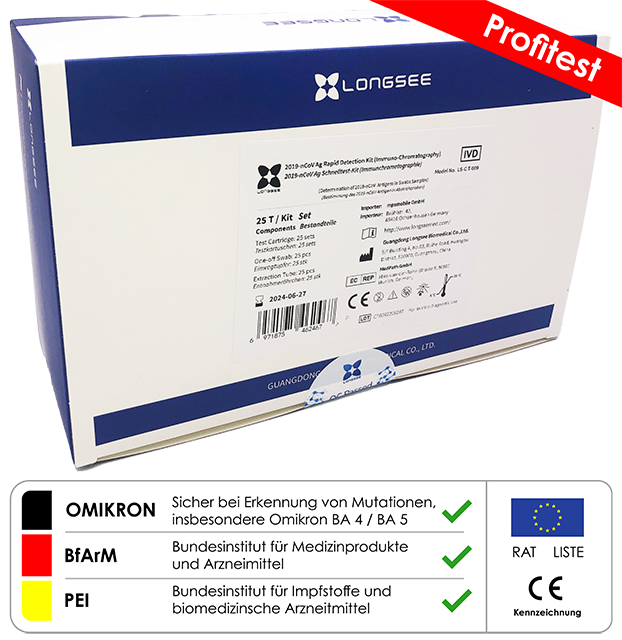 Longsee SARS-CoV-2 Antigen- Schnelltest,  (Nase-Rachen und Rachen) zur professionellen Anwendung, 25er Packung ( AT731/21 )