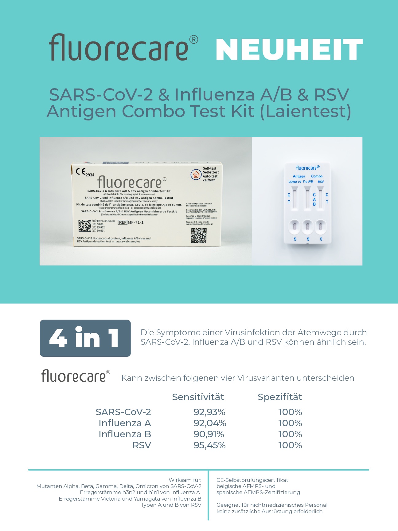 Fluorecare RSV, Influenza A+B, Covid 19, 4 in 1 Antigen Kombi Nasenabstrichs Schnelltest, 1er Packung