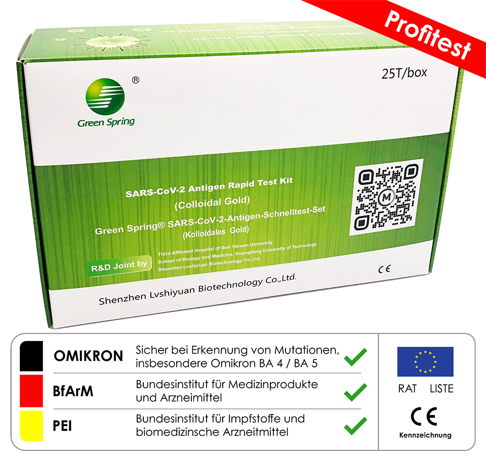 Green Spring® SARS-CoV-2-Antigen-Schnelltest-Set - 25er Packung (kolloidales Gold) 4 in 1 (Nase-Rachen, Nasal, Rachen, Lolli-Test) (AT417/20)