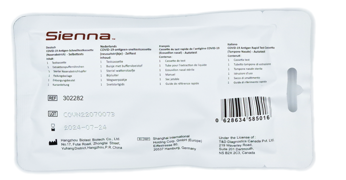 SIENNA™ (AT1331/21) COVID-19 Antigen-Schnelltestkassette (vorderer Nasenabstrich) für Laien, 1er Packung 
