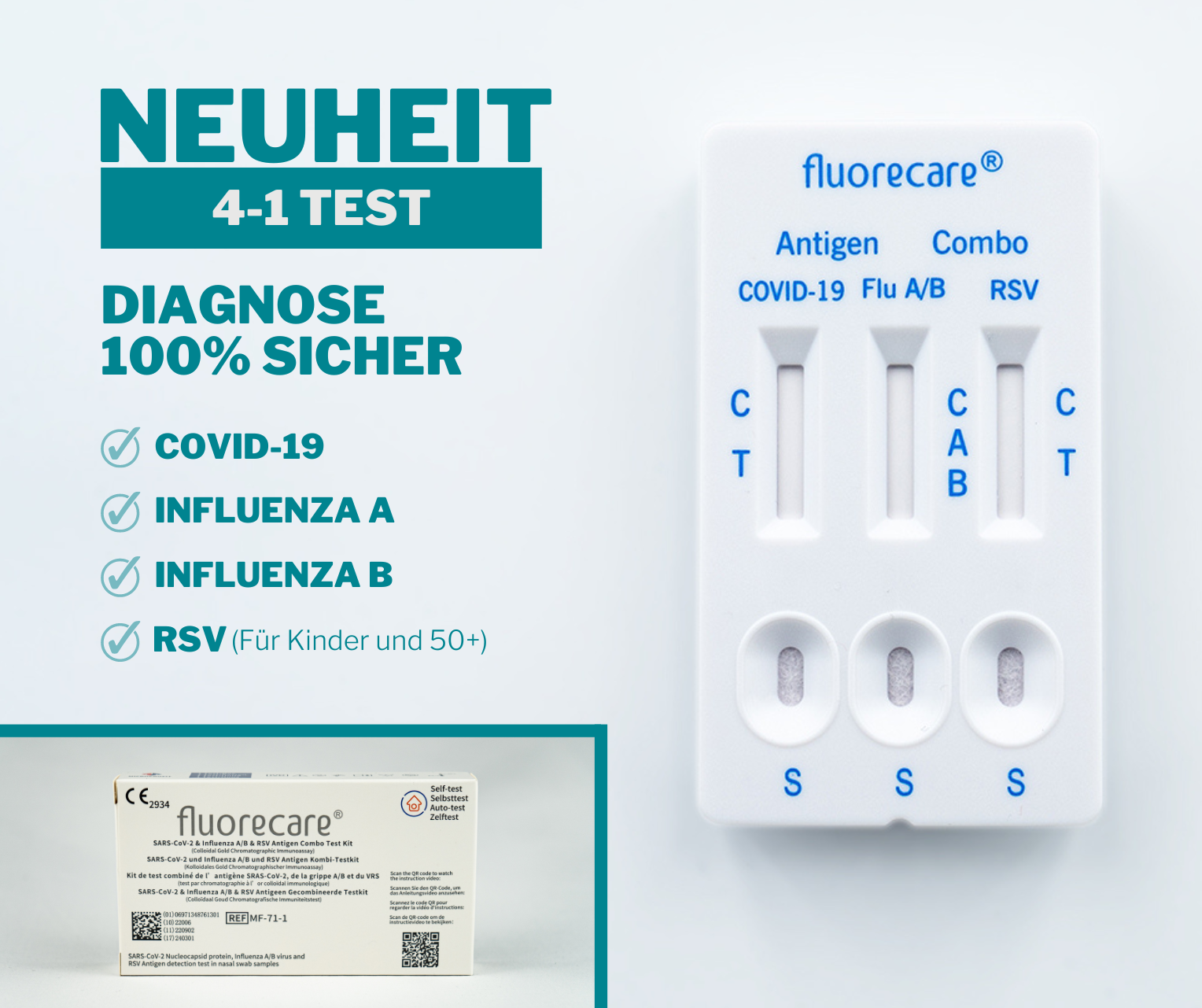 Fluorecare RSV, Influenza A+B, Covid 19, 4 in 1 Antigen Kombi Nasenabstrichs Schnelltest, 1er Packung
